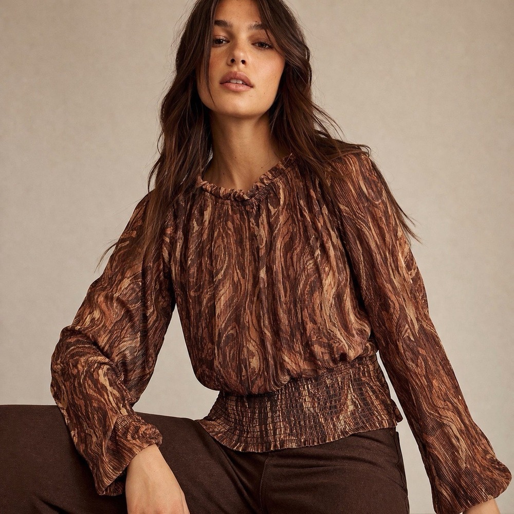 Joie Smocked Metallic Sheer Blouse Brown Boho Indie Top Womens Medium - Picture 2 of 11